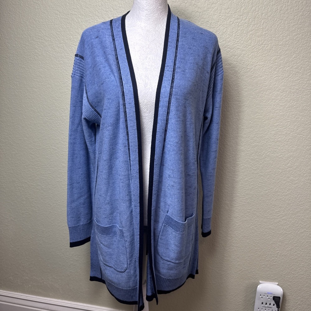 T by Talbots Blue Long Duster Cardigan Sweater Contrast Trim Pockets Knit M